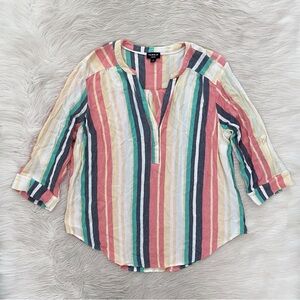 Torrid Rainbow Stripe Gauzy Fabric Split V-neckline Roll Tab Sleeve Harper Shirt